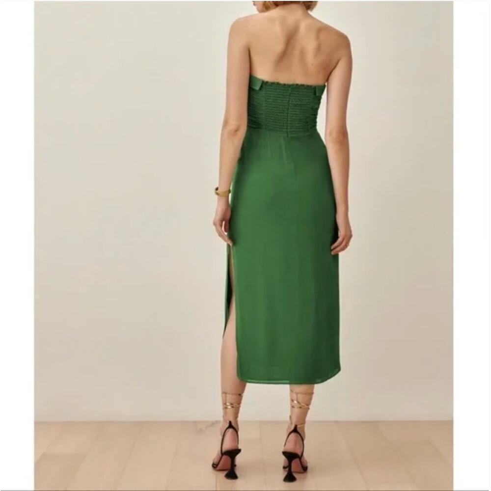 EUC $365 Reformation Lore Ruched Strapless Kelly Green Midi Dress - Picture 3 of 10